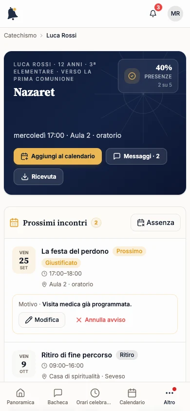 Scheda del bambino con i prossimi incontri e un’assenza già comunicata
