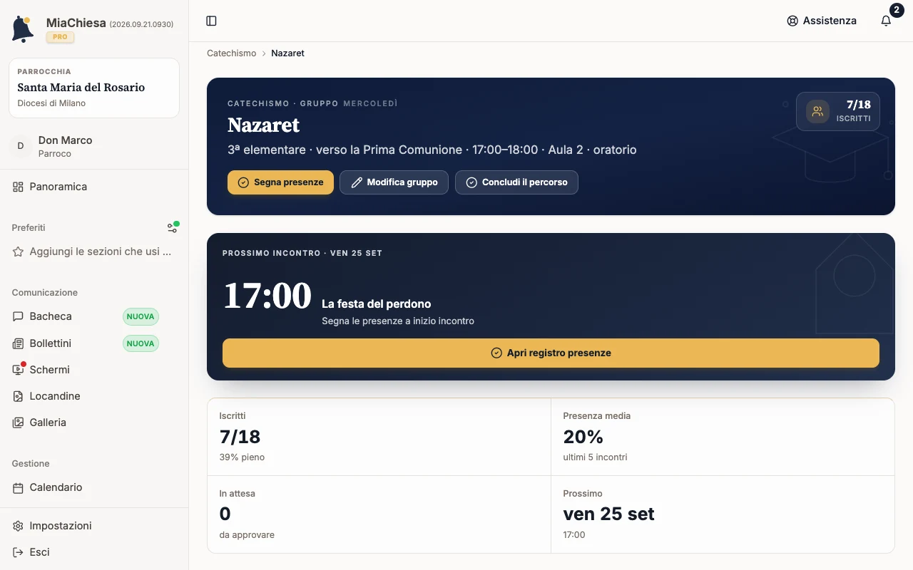 Pagina del gruppo con il pulsante Concludi il percorso