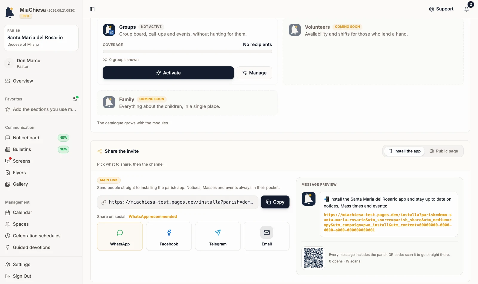 Sharing card with the installation link selected