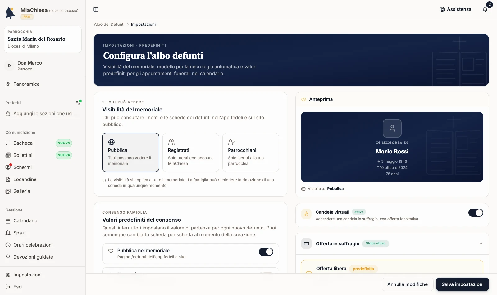 Impostazioni dell’albo con le opzioni di visibilità del memoriale