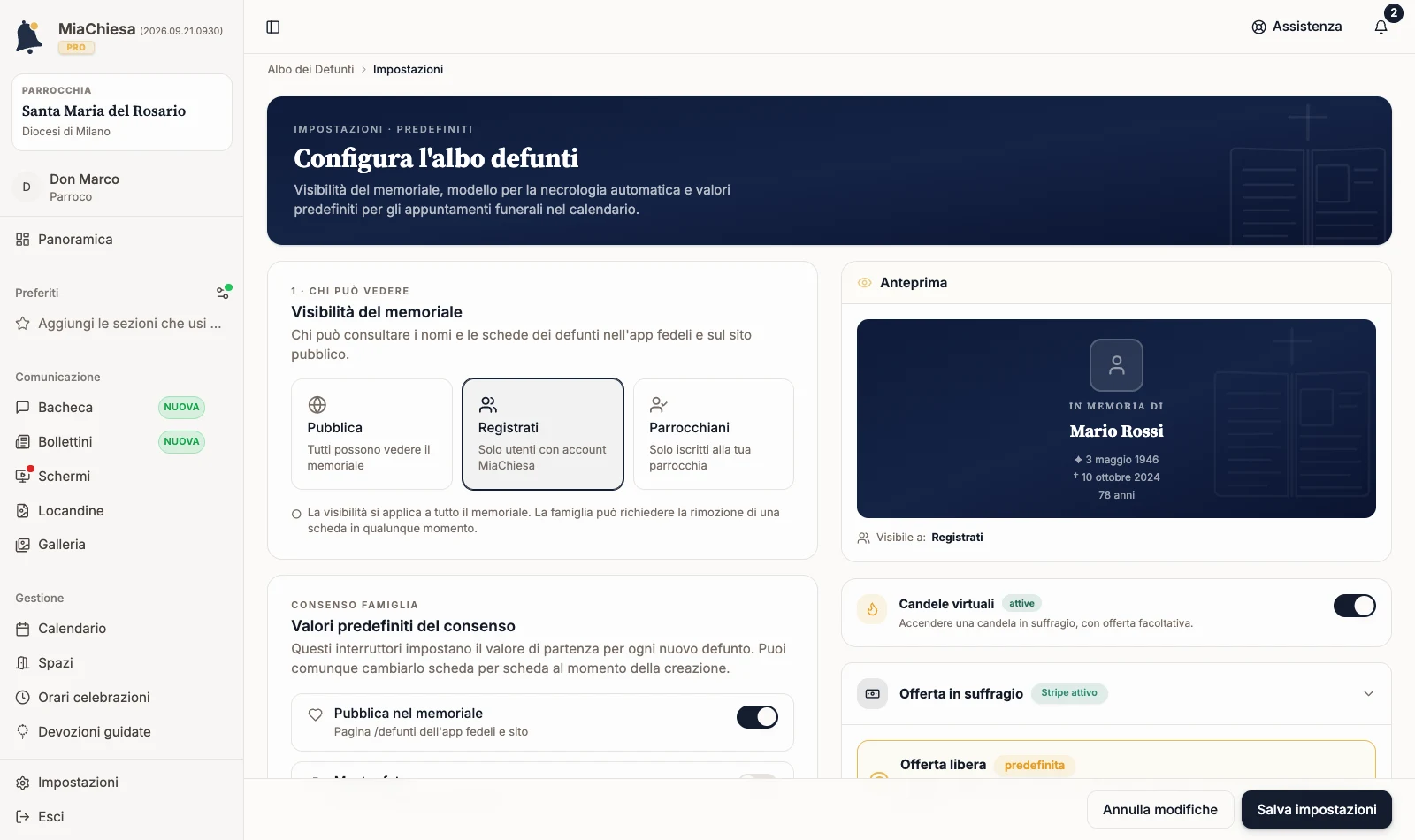 Opzione Registrati selezionata e pulsante Salva impostazioni attivo