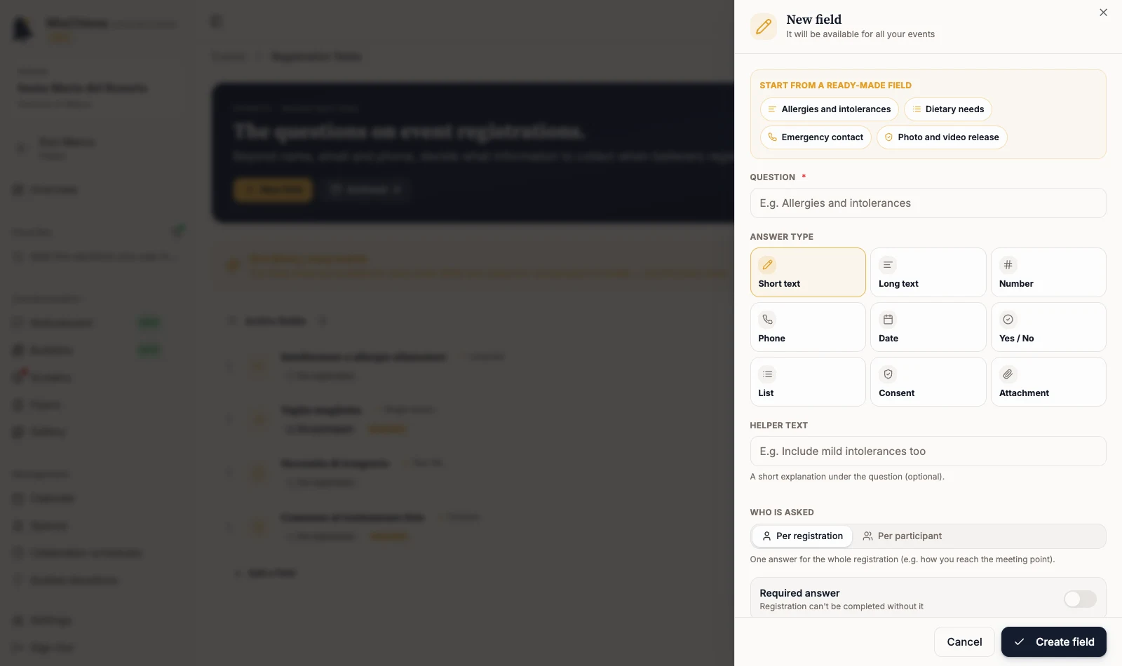 New field panel with Question and Answer type controls