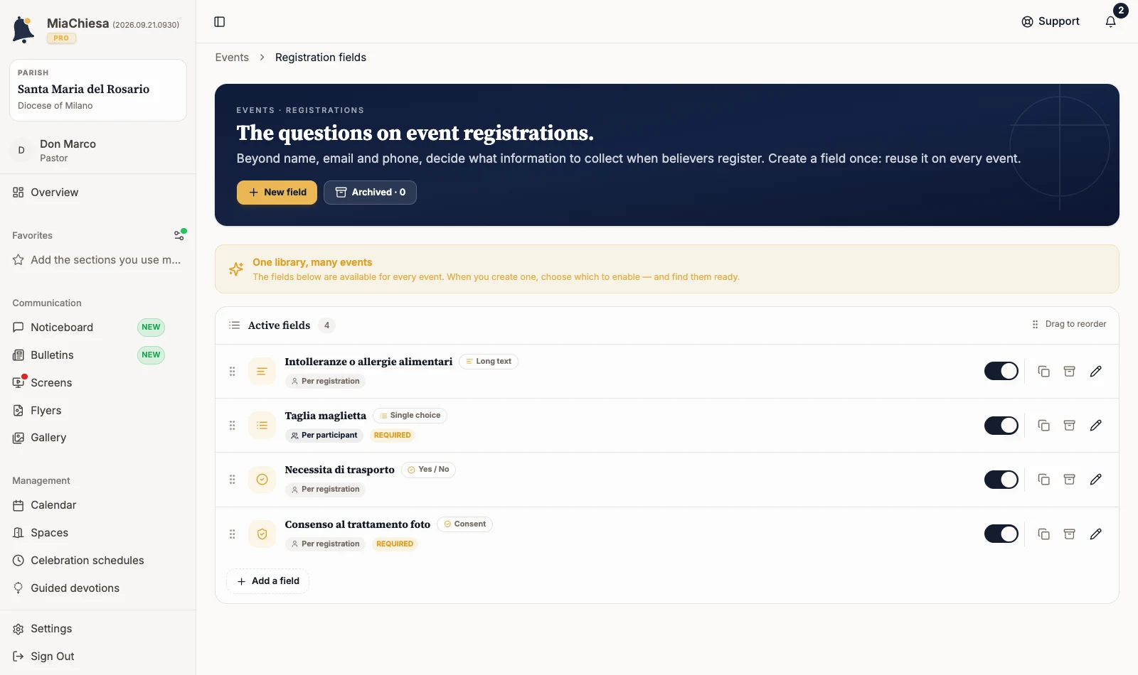 Registration field library showing available questions and New field