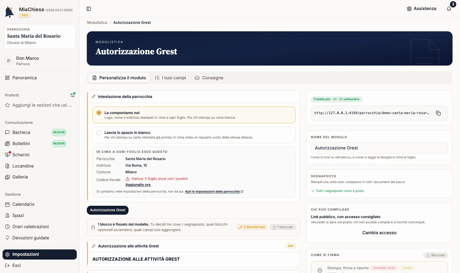 Editor del modulo Autorizzazione Grest