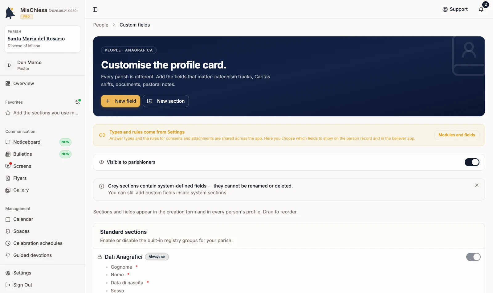 Custom fields page with configured sections and fields