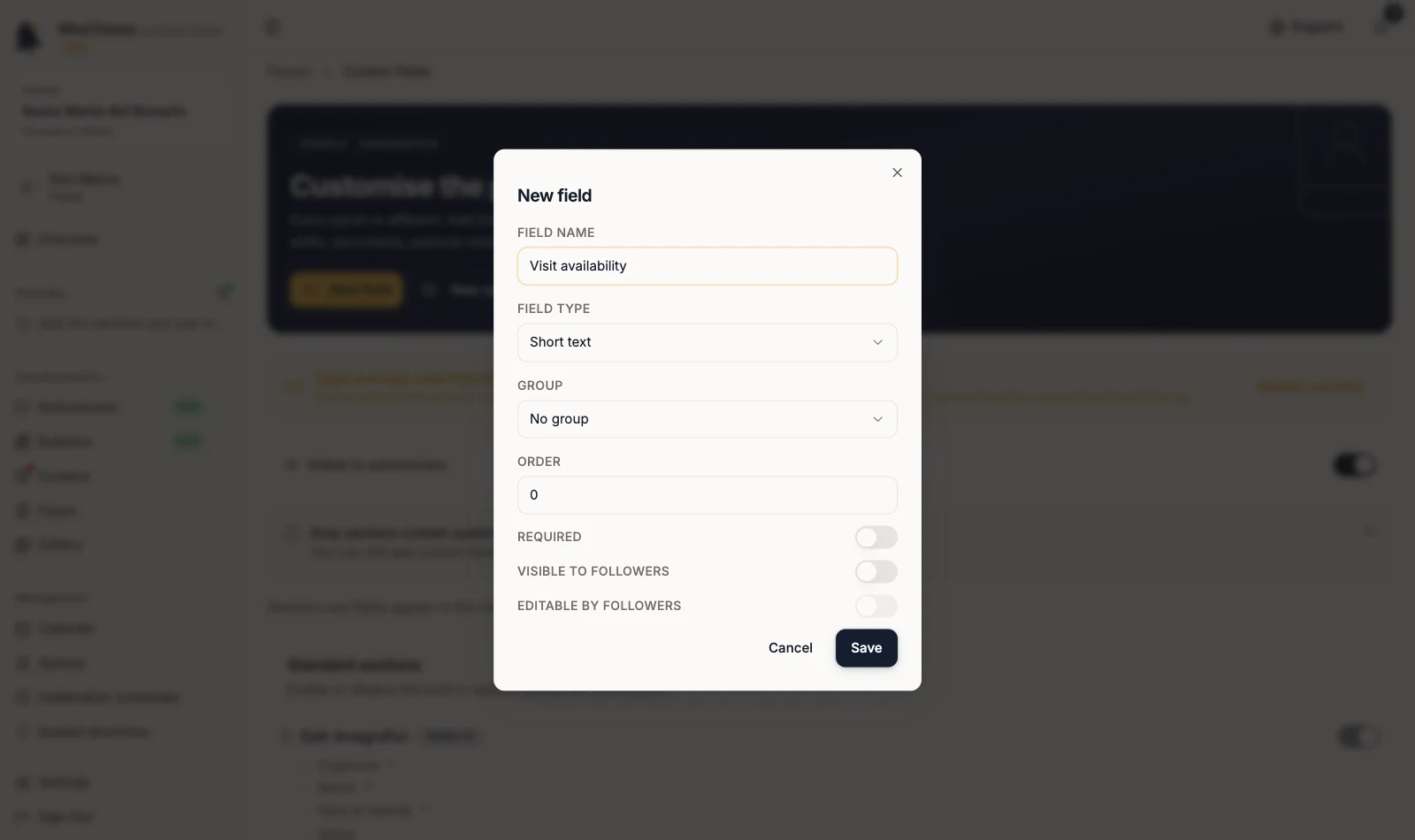 New field dialog with a name filled in