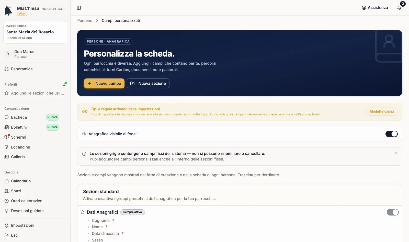 Pagina Campi personalizzati con sezioni e campi configurati