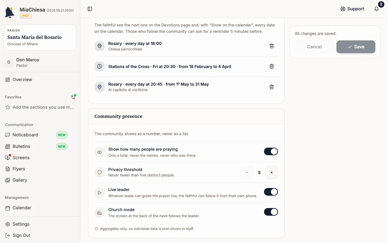 Community presence section with Church mode