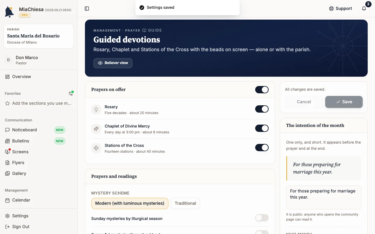 Intention of the month written and the Settings saved message