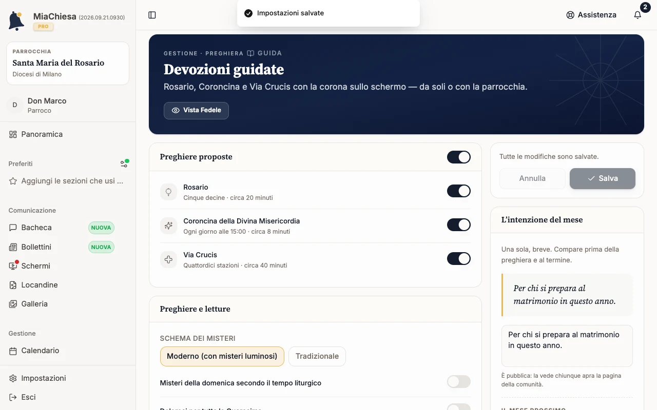 Intenzione del mese scritta e messaggio Impostazioni salvate