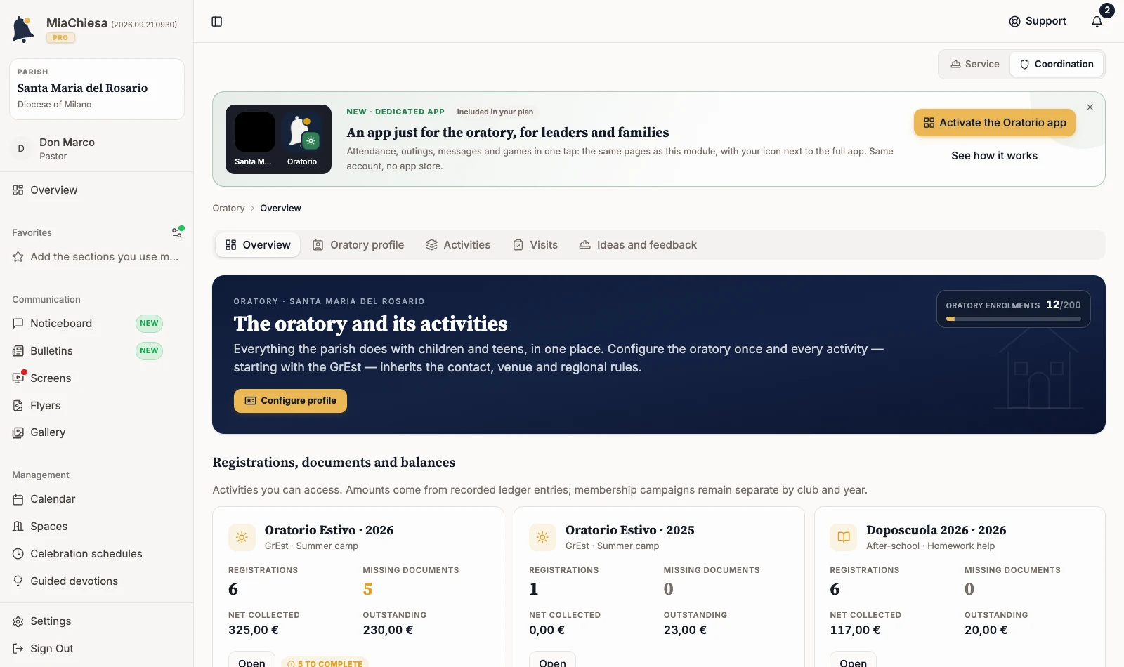 Oratory overview with registrations, documents and activity balances