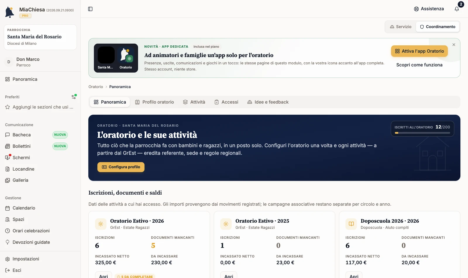 Panoramica Oratorio con riepilogo di iscrizioni, documenti e saldi delle attività