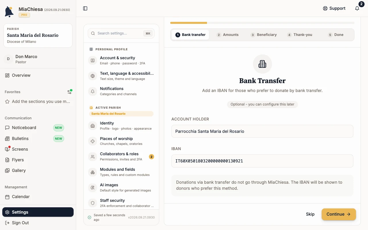 Step 1 of 5, Bank transfer, with the IBAN field