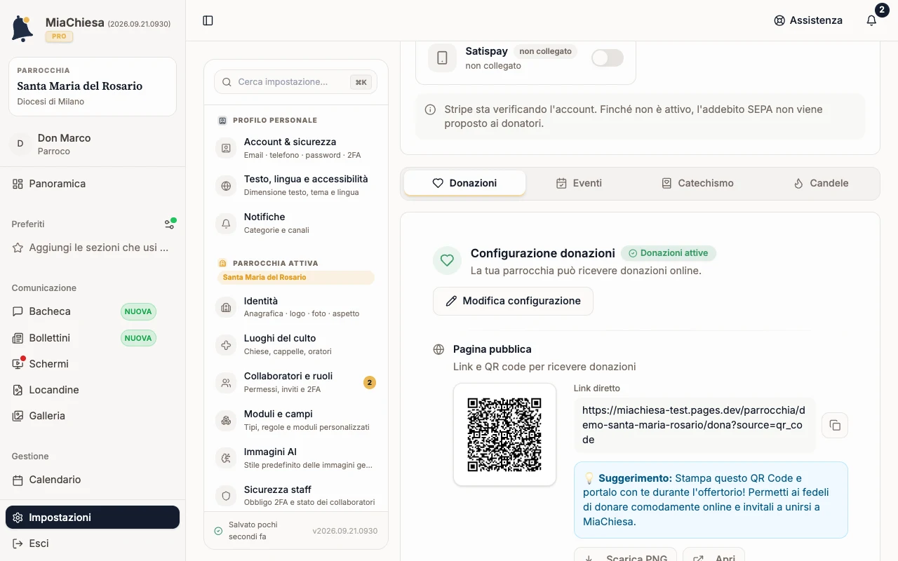 Riepilogo Configurazione donazioni con Modifica configurazione