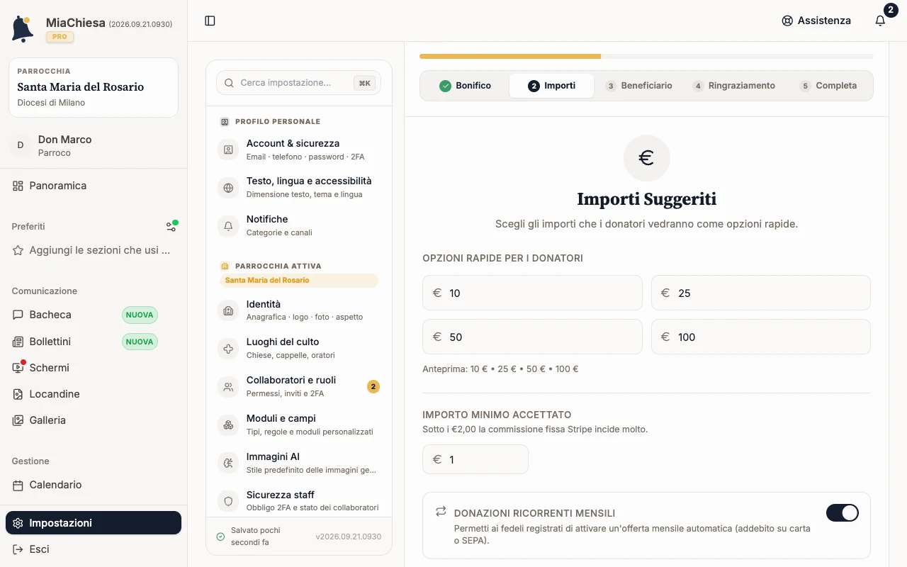 Passo 2 di 5 con Donazioni ricorrenti mensili attivo