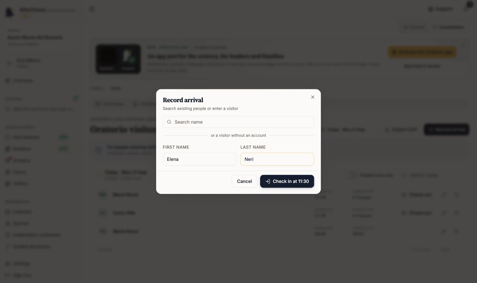 Record arrival window with visitor details