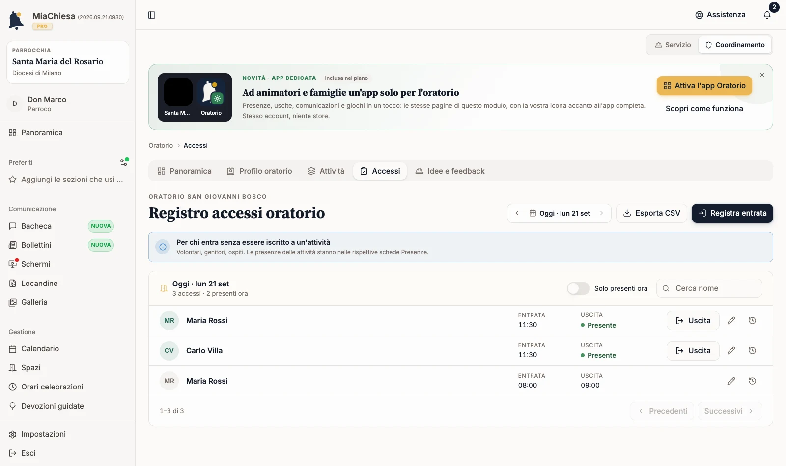 Registro accessi con visitatori presenti e usciti