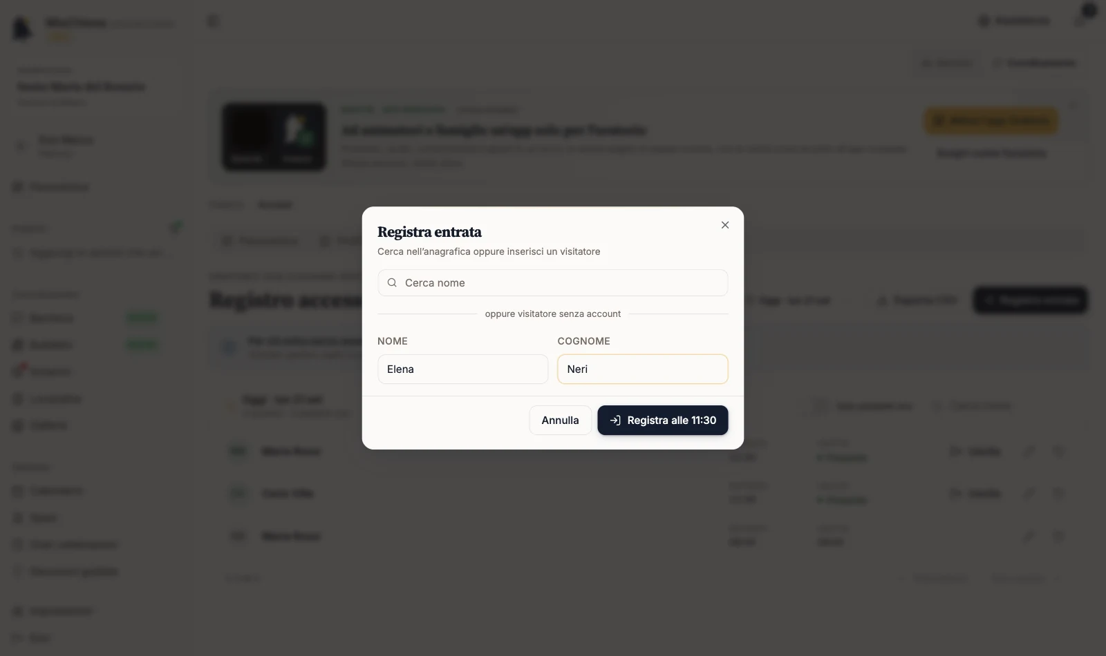Finestra Registra entrata con dati di un visitatore