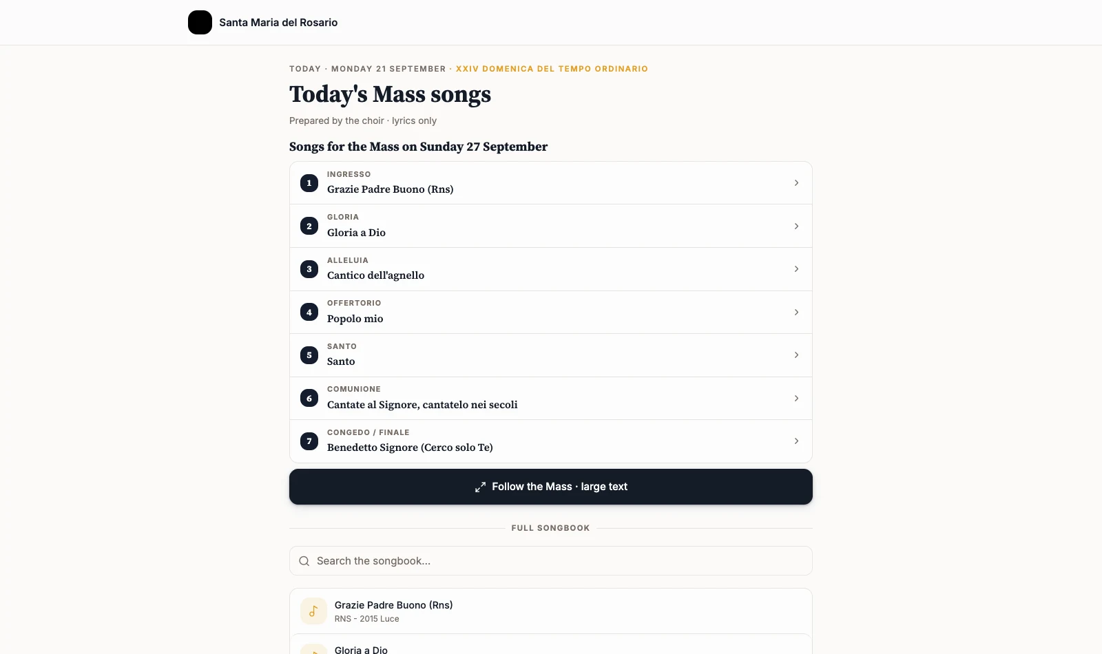 Full songbook section on the public page