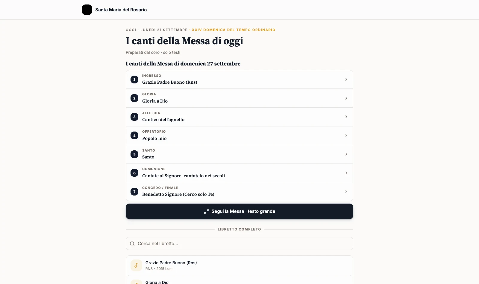 Pagina pubblica dei canti della comunità
