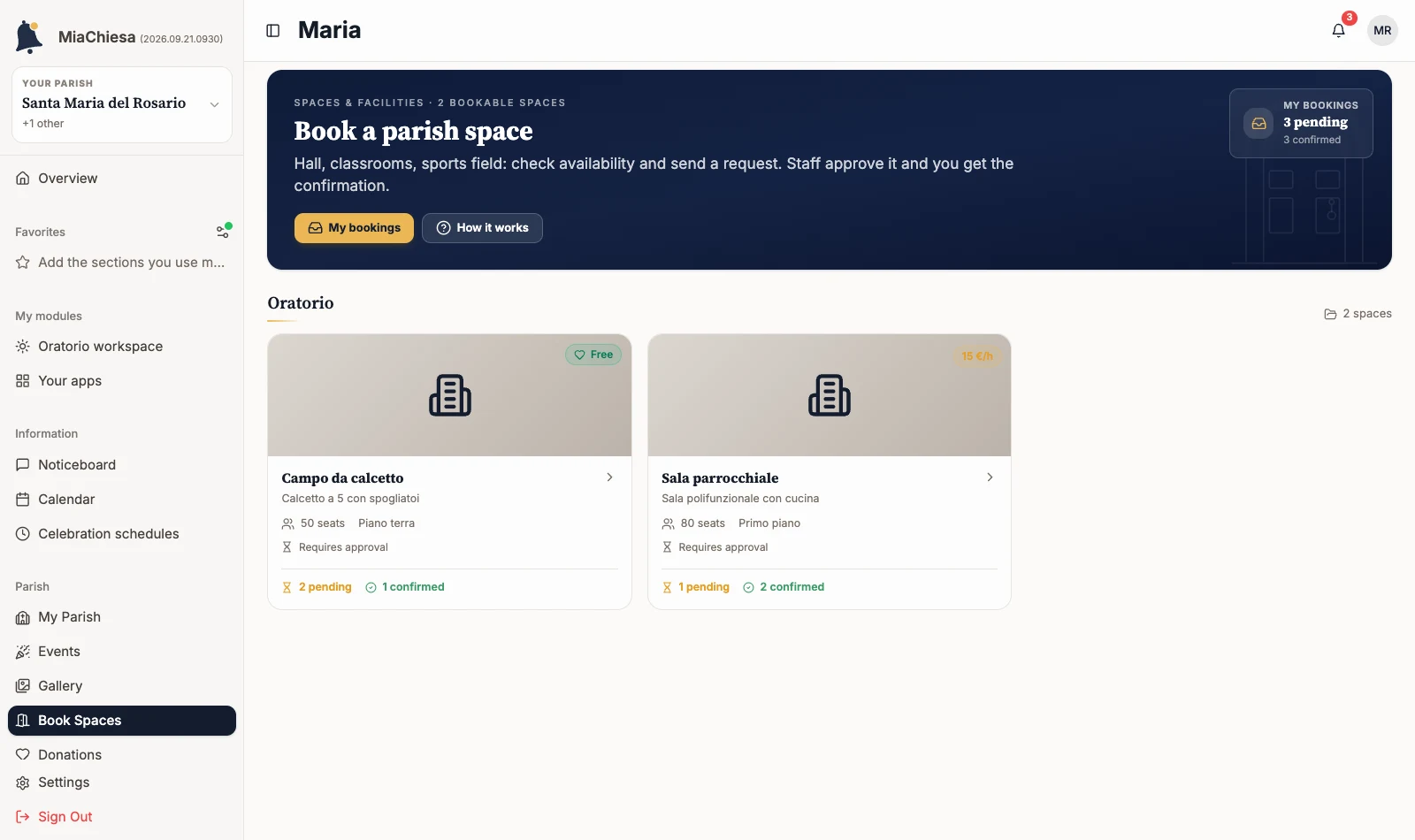 Bookable rooms catalogue with Campo da calcetto and Sala parrocchiale