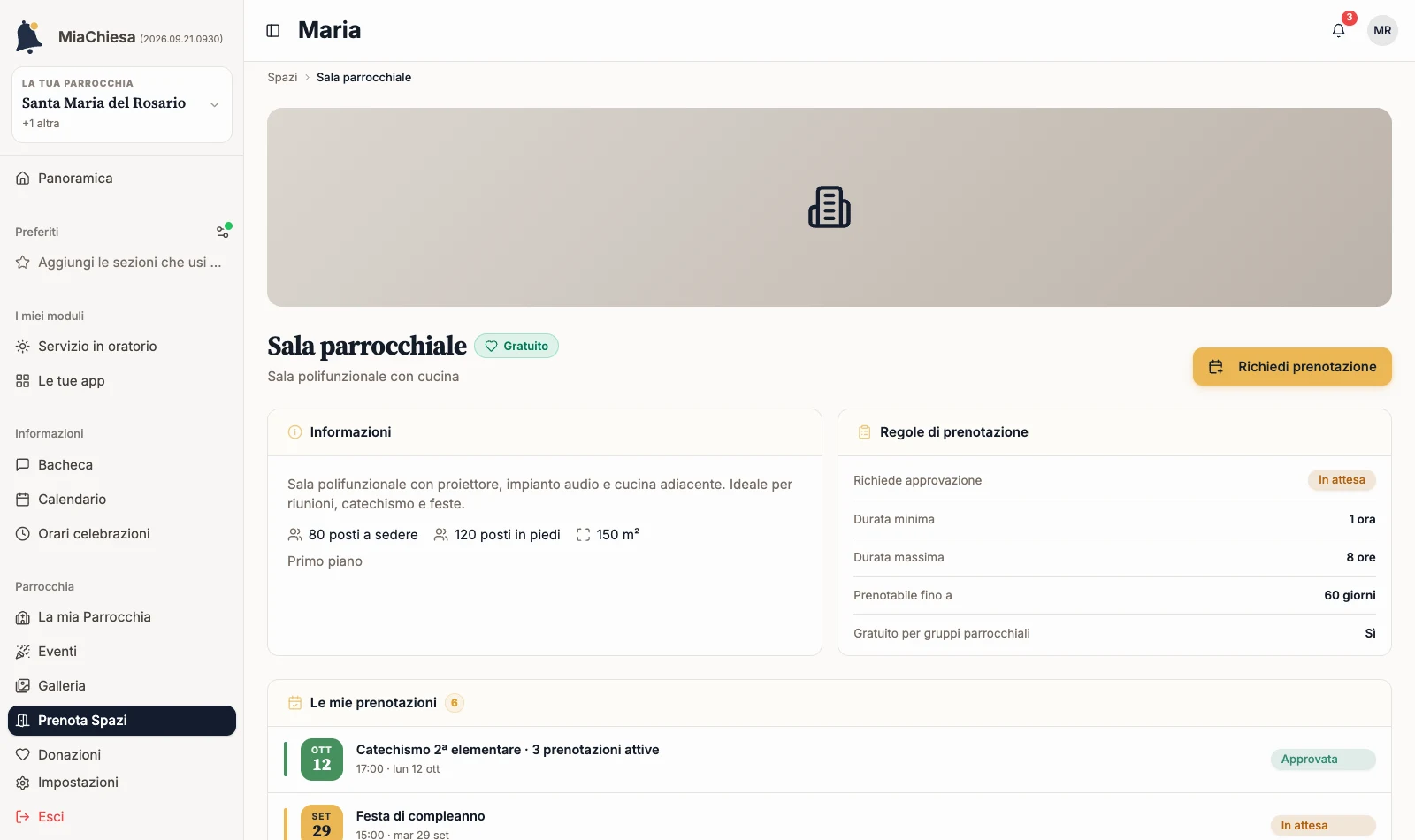 Scheda della Sala parrocchiale con informazioni e regole di prenotazione