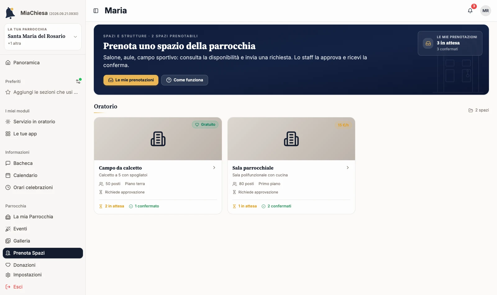 Catalogo degli spazi prenotabili con Campo da calcetto e Sala parrocchiale
