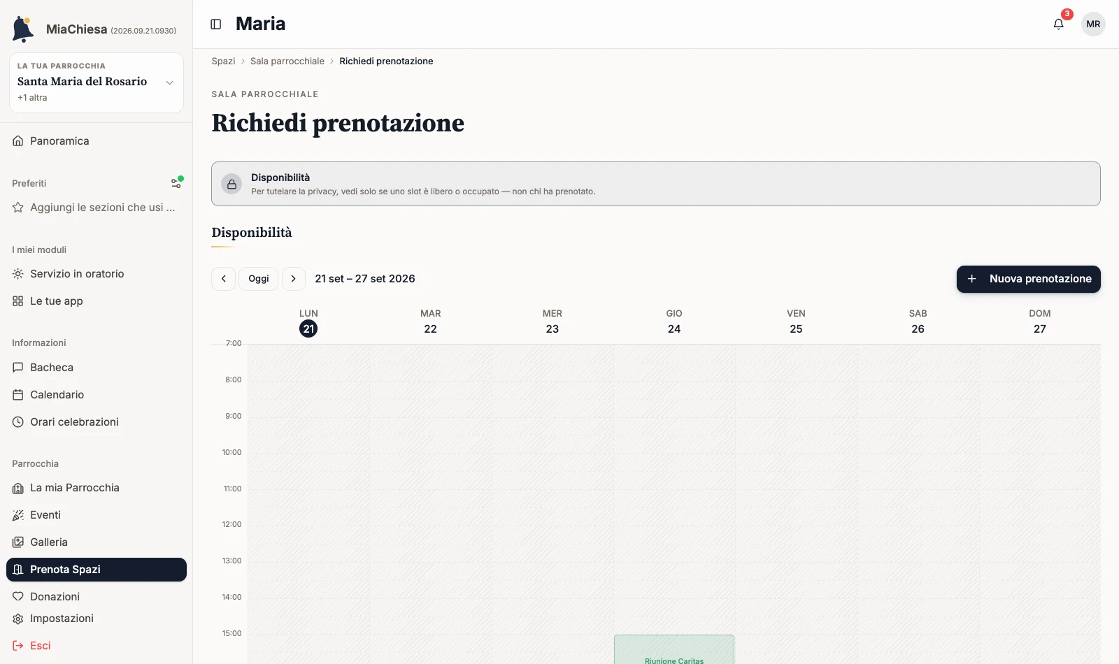 Calendario settimanale della Sala parrocchiale con nota sulla privacy
