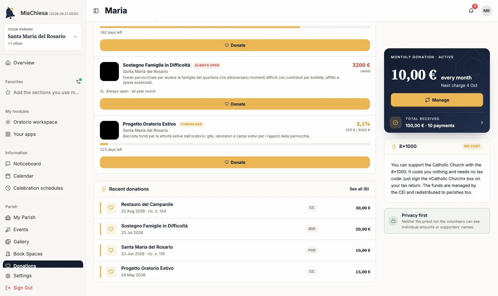 Recent donations section with recent rows and See all