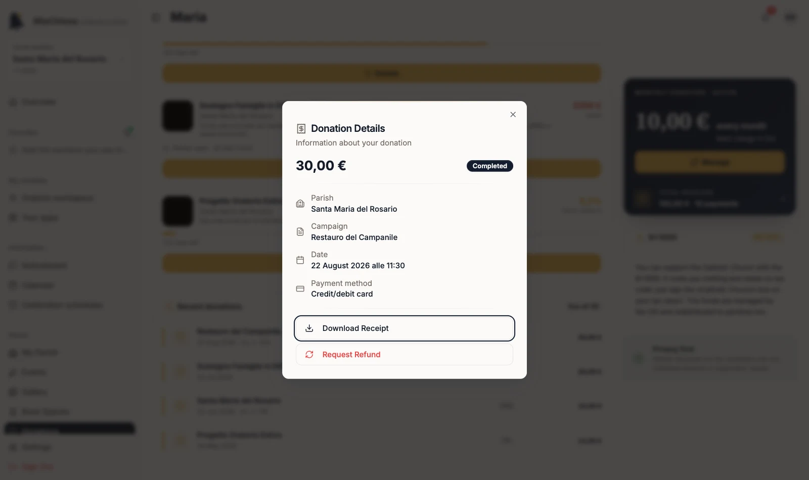 Donation Details with amount, status and operation references