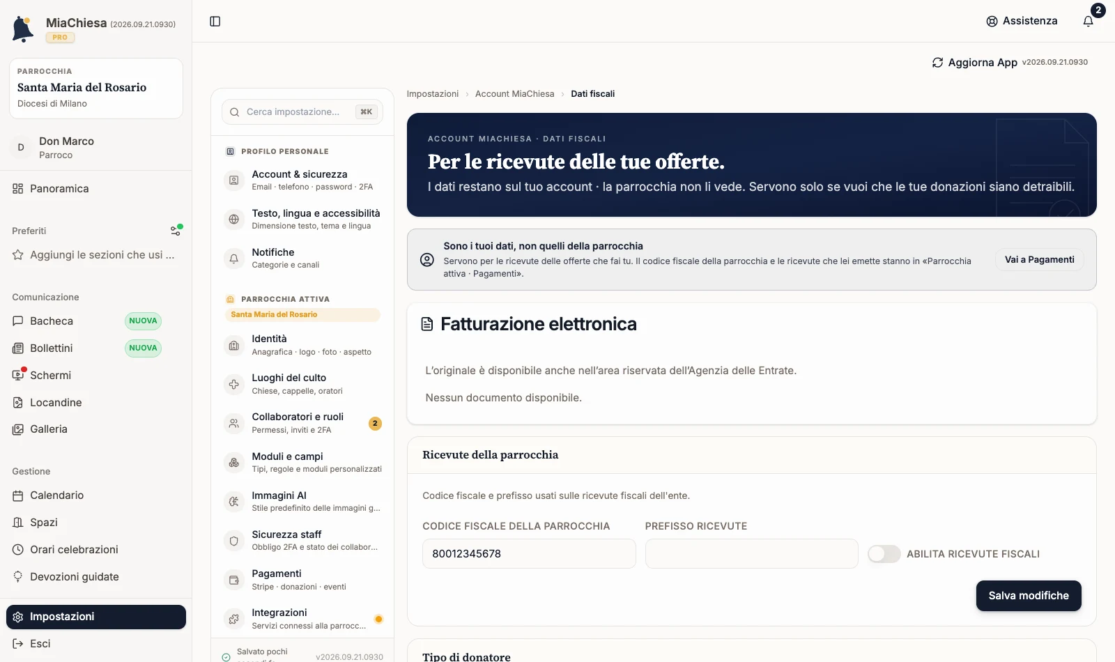 Riquadro con codice fiscale, prefisso e interruttore delle ricevute