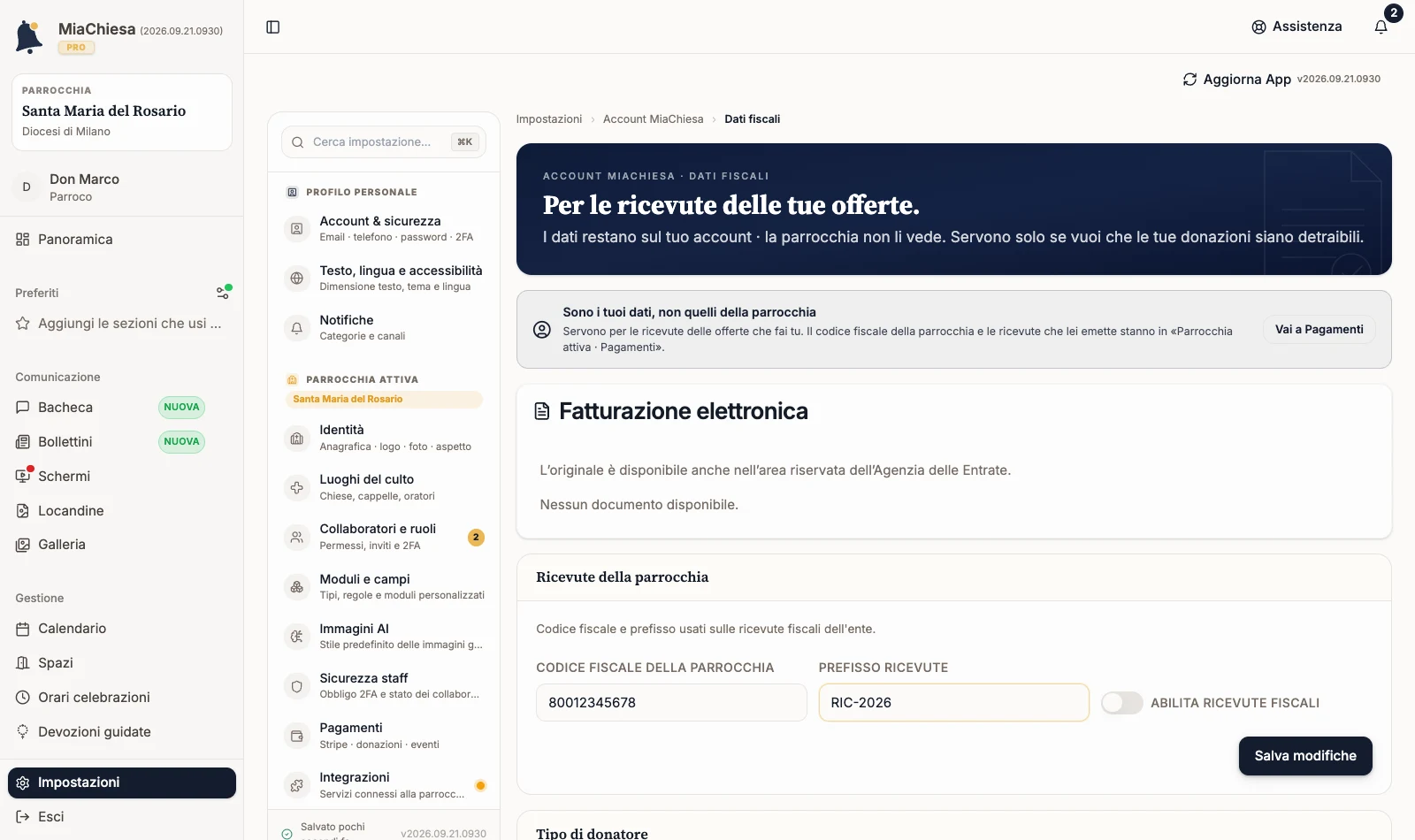 Prefisso ricevute compilato prima del salvataggio