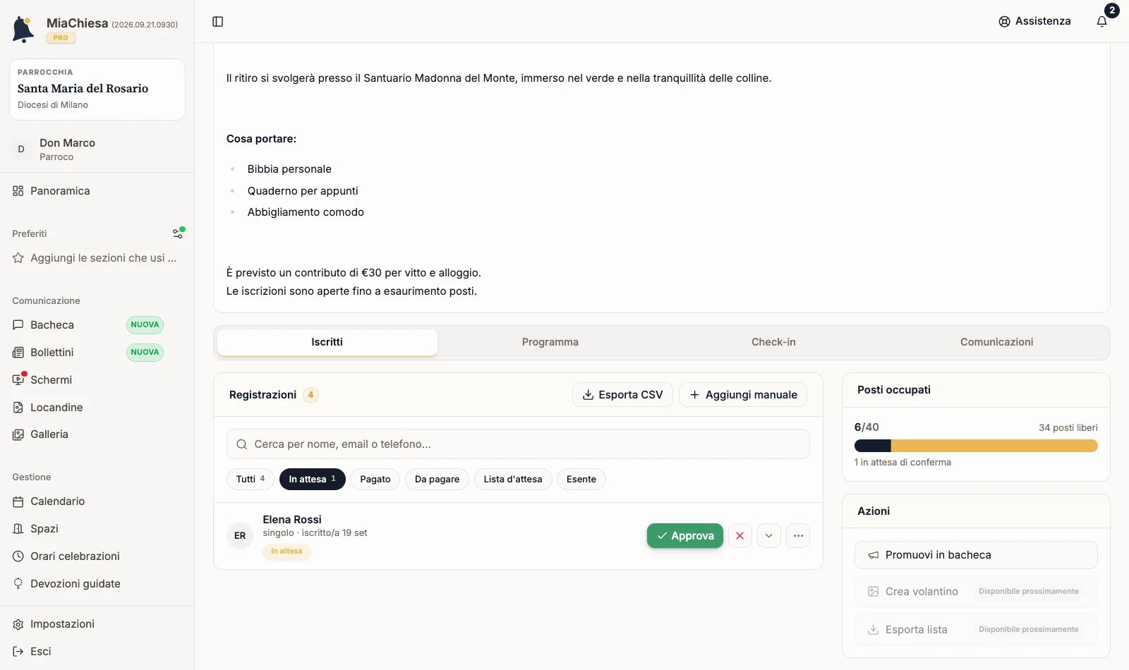 Elenco delle registrazioni con un filtro di stato selezionato