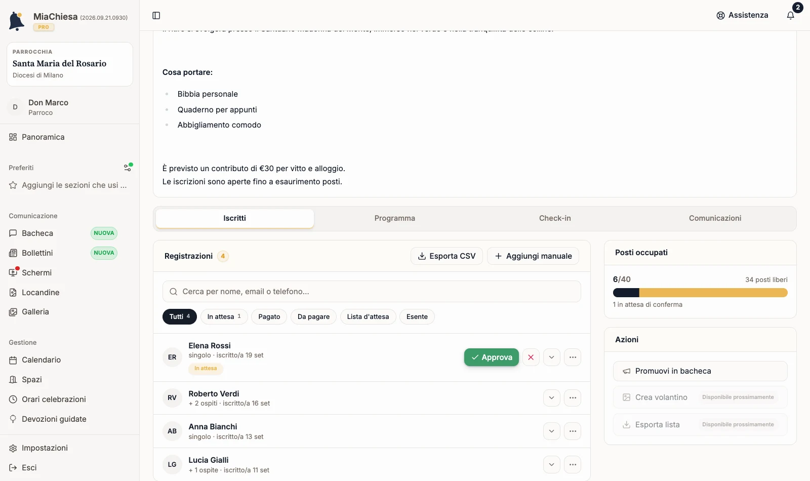 Dettaglio dell’evento con la scheda Iscritti e il riquadro Registrazioni