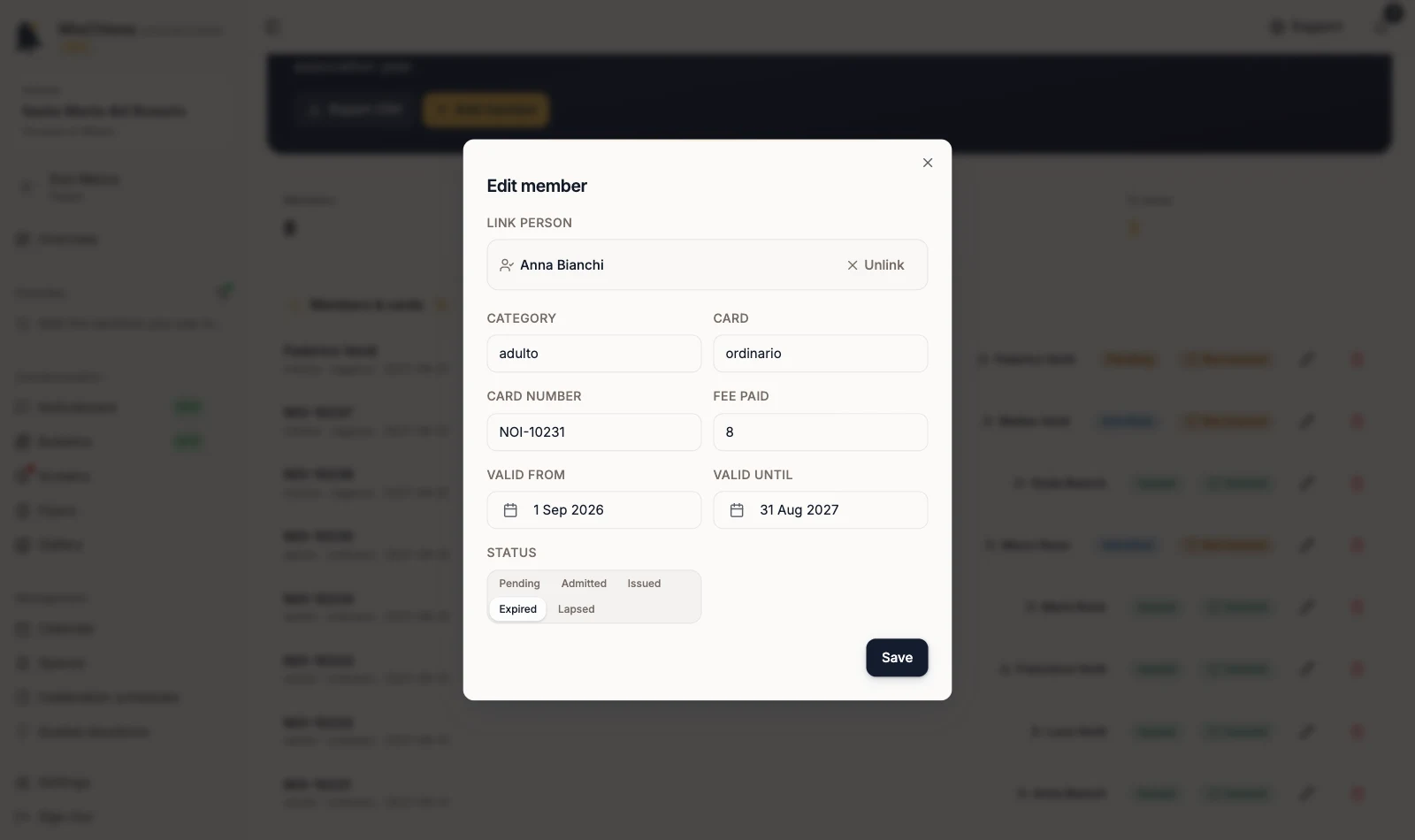 Edit member dialog with Expired selected