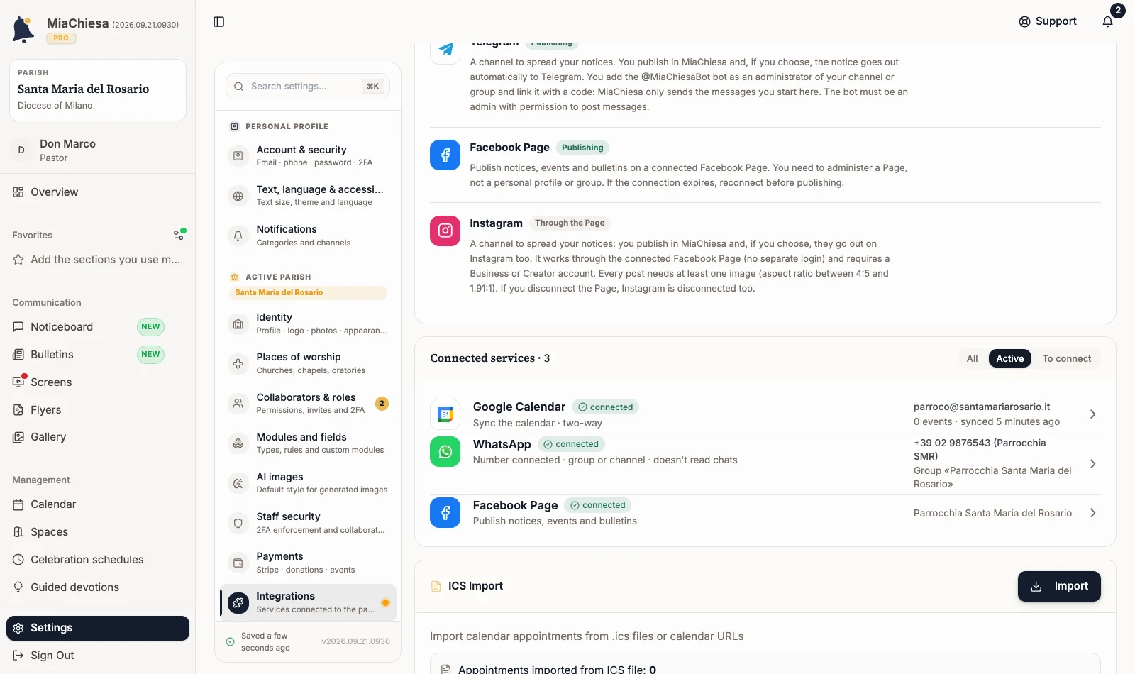 Integrations list filtered to active services