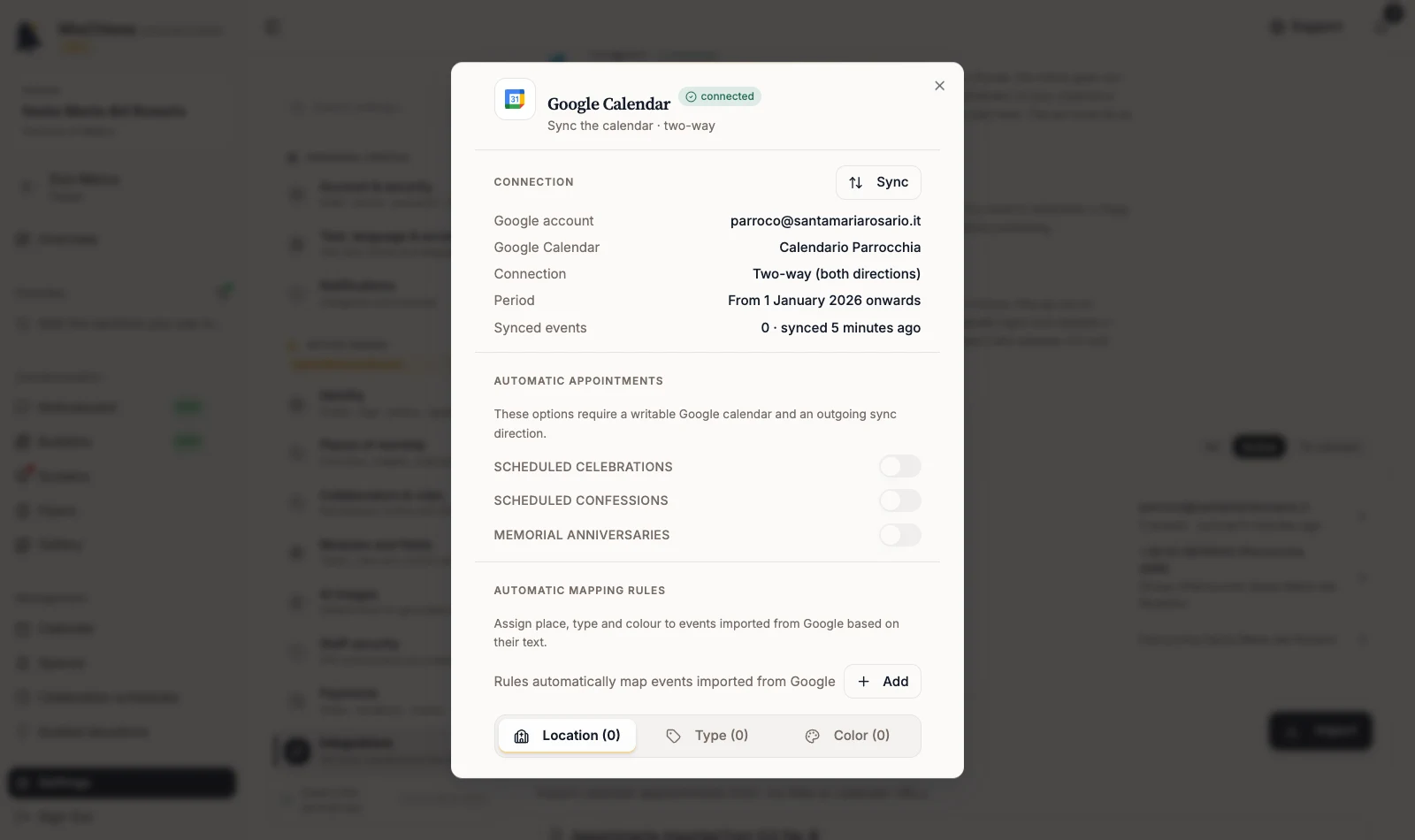 Google Calendar management panel with account, calendar, direction and period