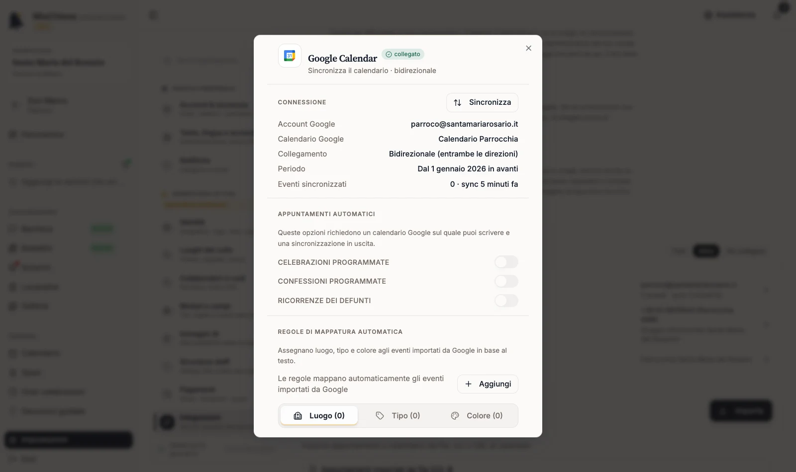 Pannello di gestione Google Calendar con account, calendario, direzione e periodo