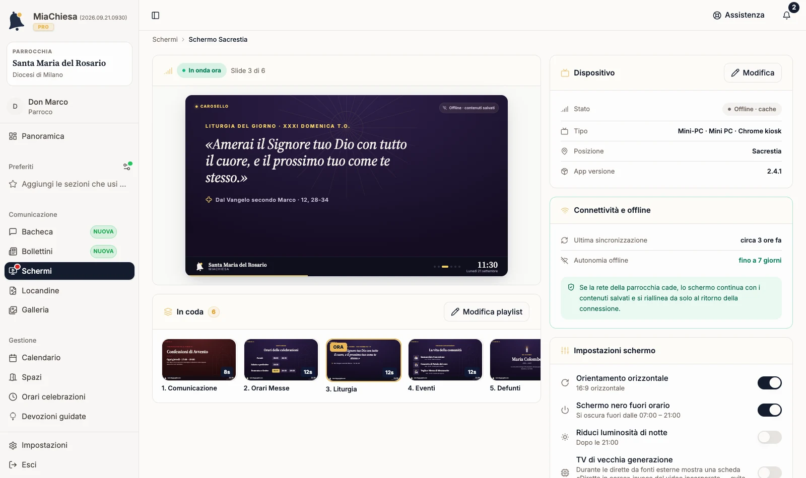 Sezione Connettività e offline dello schermo