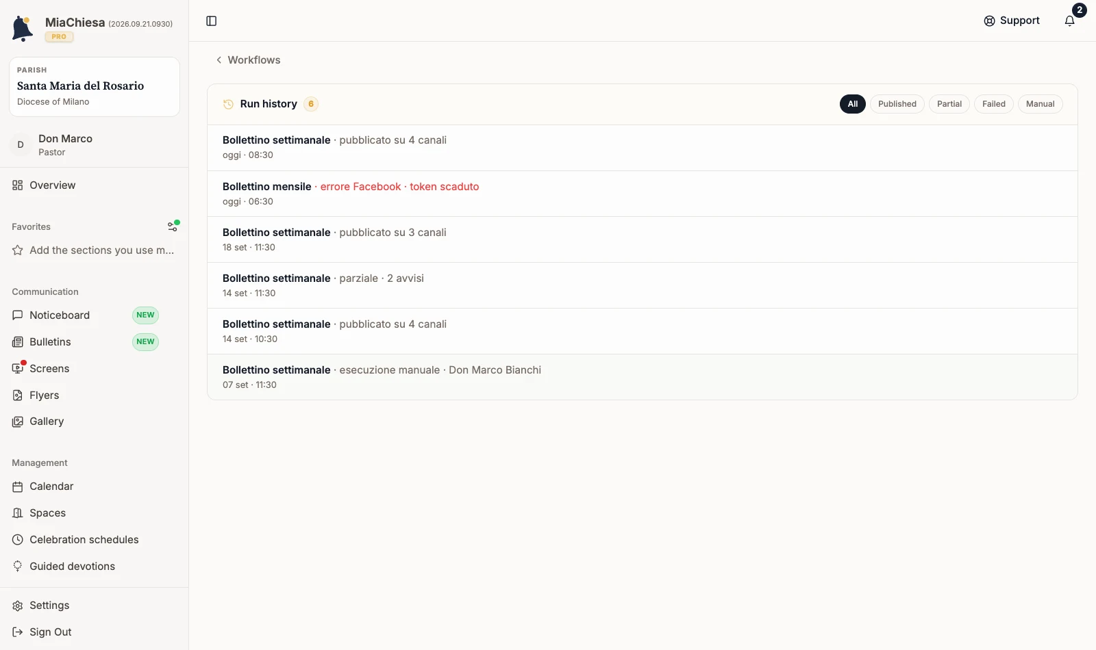 Run history with filters and recent workflow rows