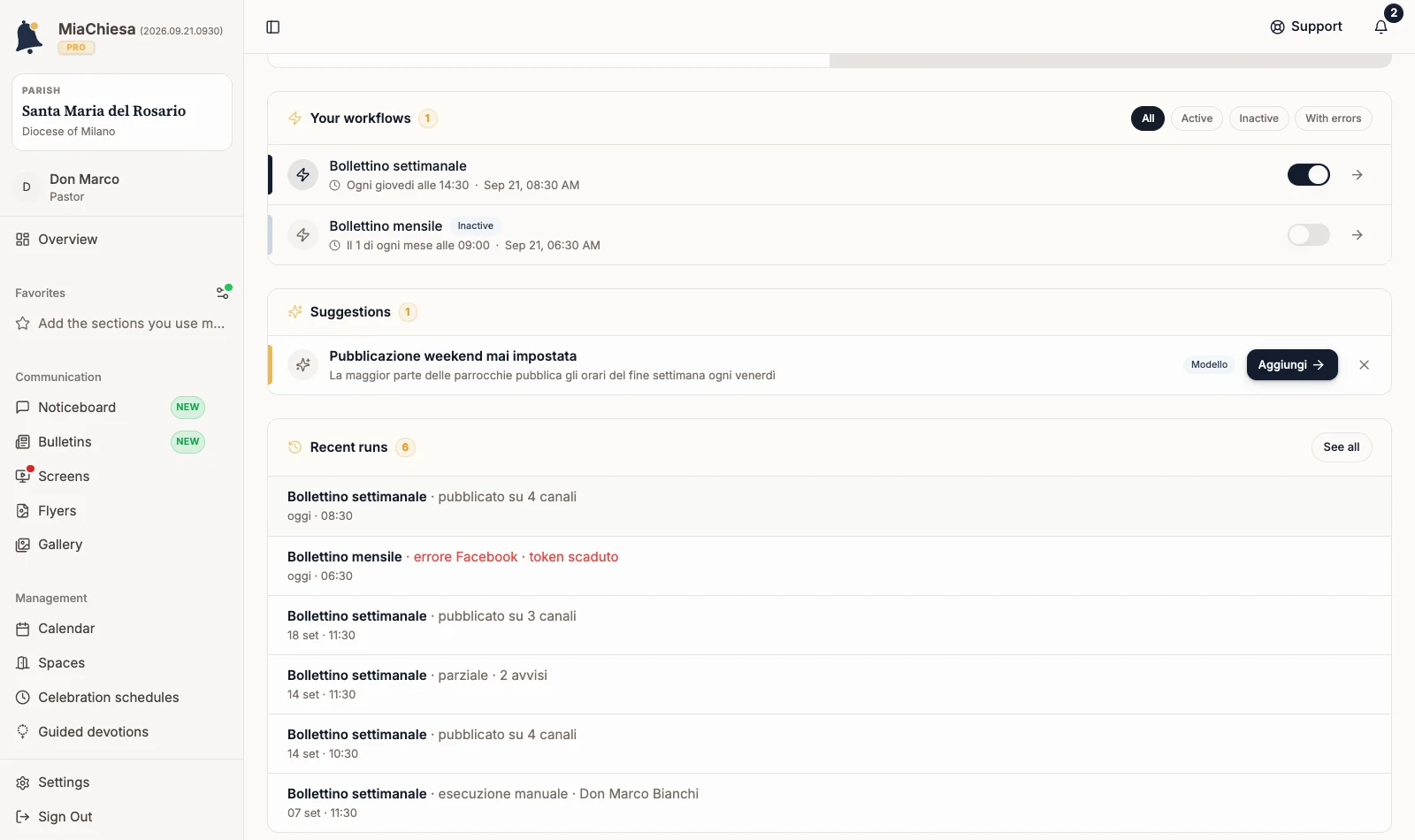 Workflows page with the Run history action