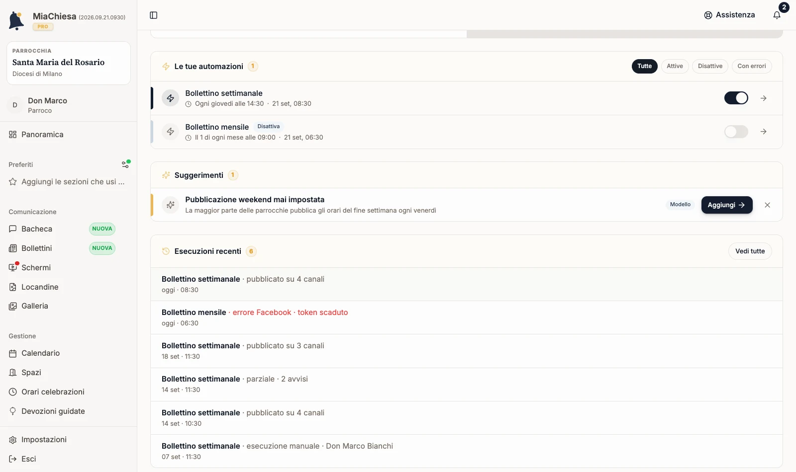 Pagina Automazioni con il comando Storico esecuzioni