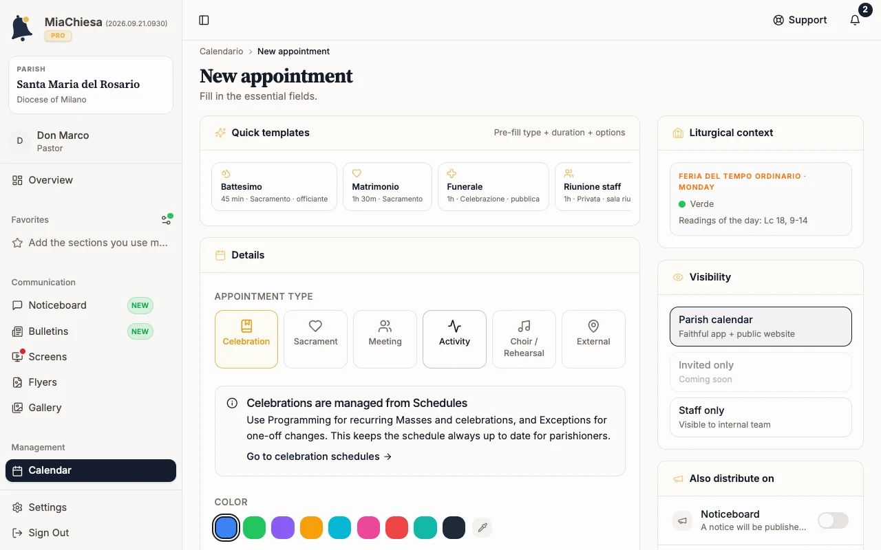 Top of the new appointment editor with quick templates and type