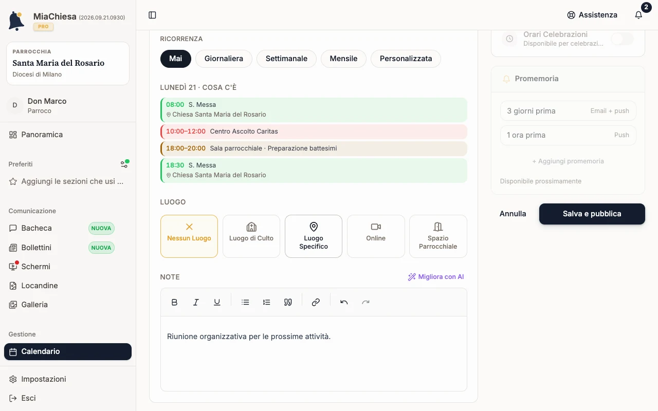 Parte finale dell’editor con data, ricorrenza, impegni e luogo