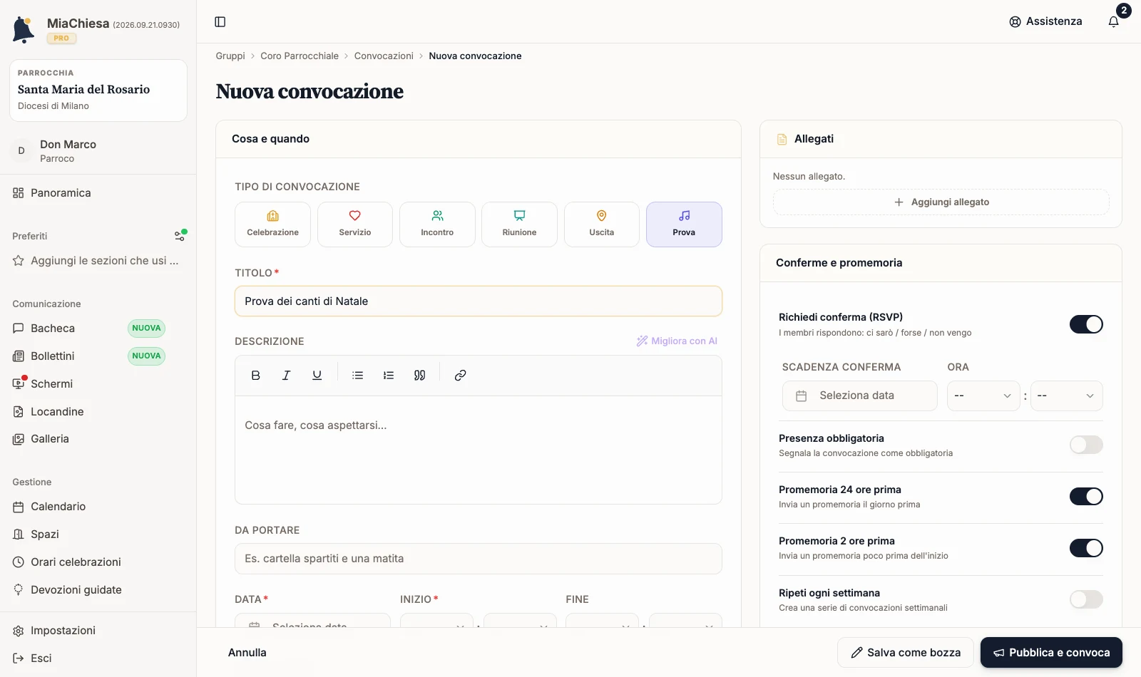 Nuova convocazione con il titolo compilato e Pubblica e convoca
