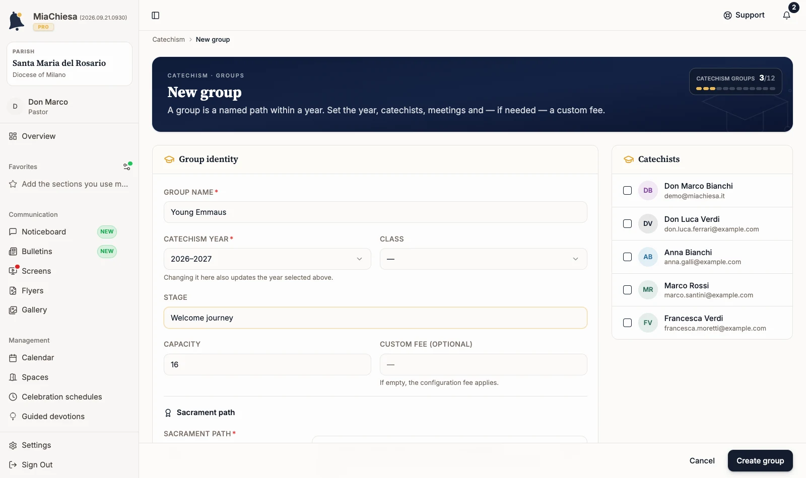 New group form with name and stage filled in
