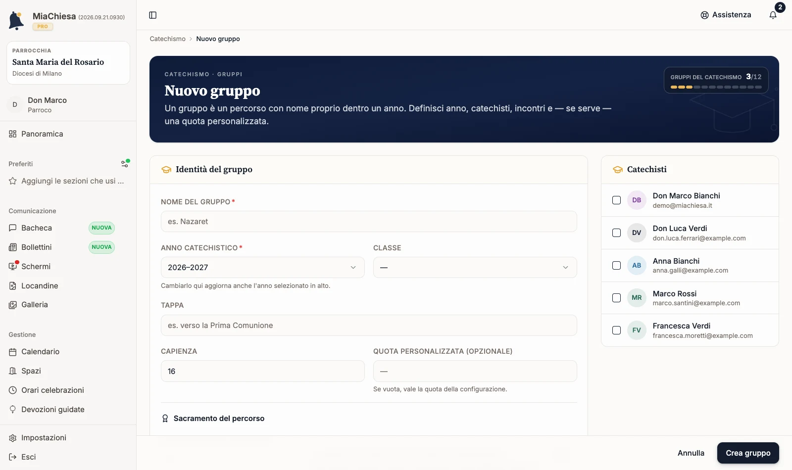 Modulo vuoto per un nuovo gruppo di catechismo