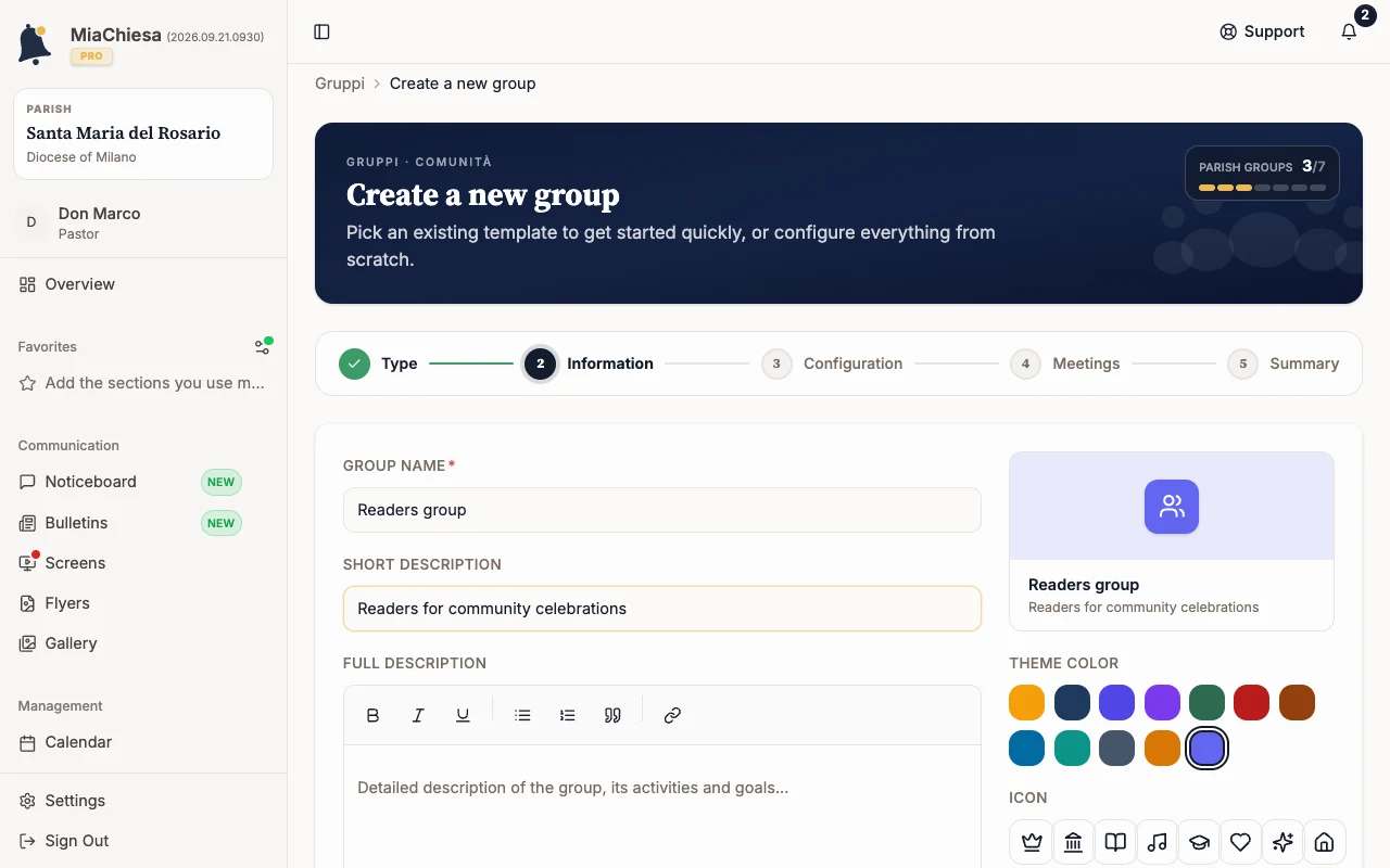 Information step with the group name and short description