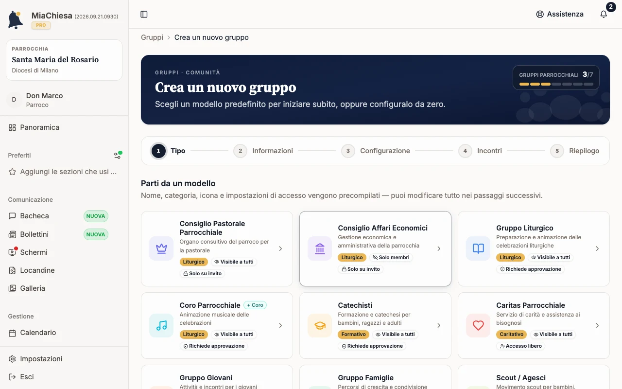 Crea un gruppo e invita i membri: Scegli il tipo