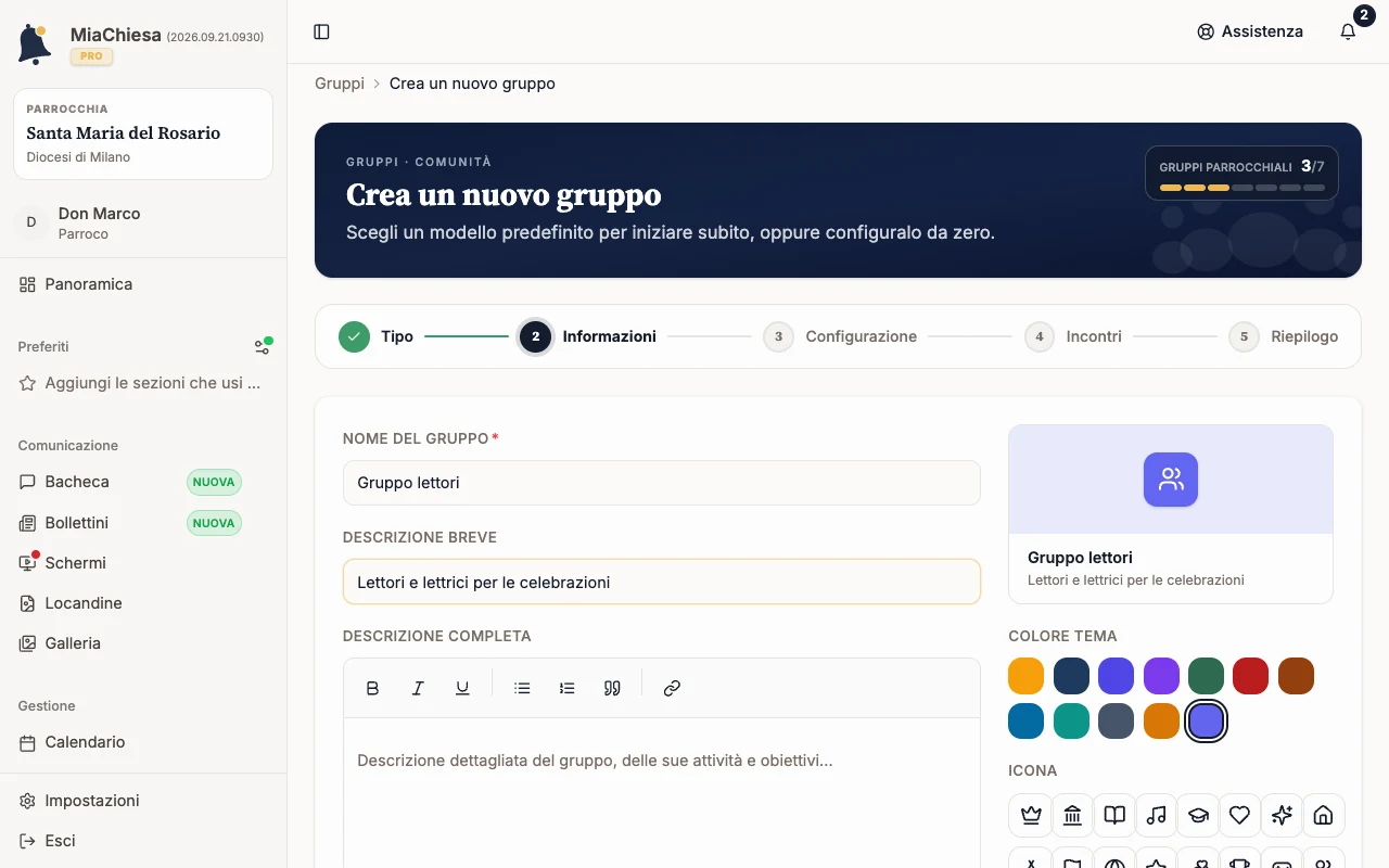 Passaggio Informazioni con nome e descrizione breve del gruppo